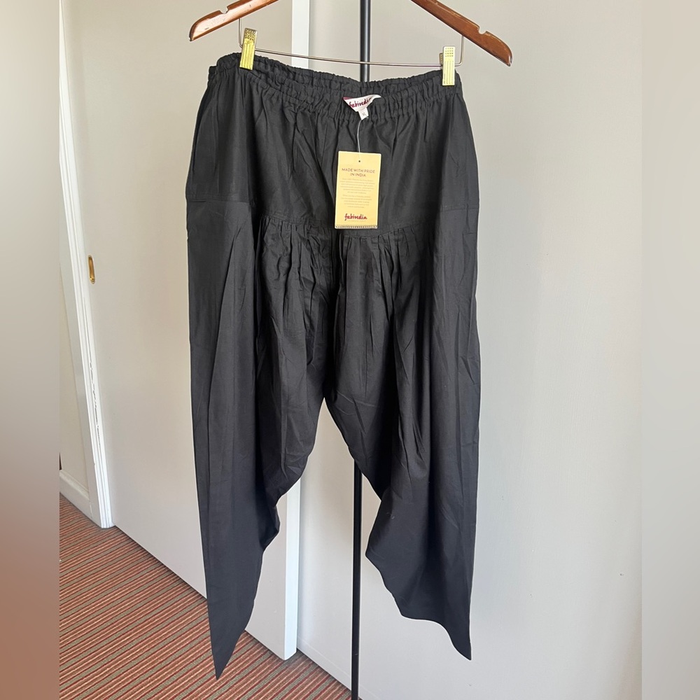Fabindia 100% cotton Salwar pleated baggy harem trouser yoga elastic waist blac